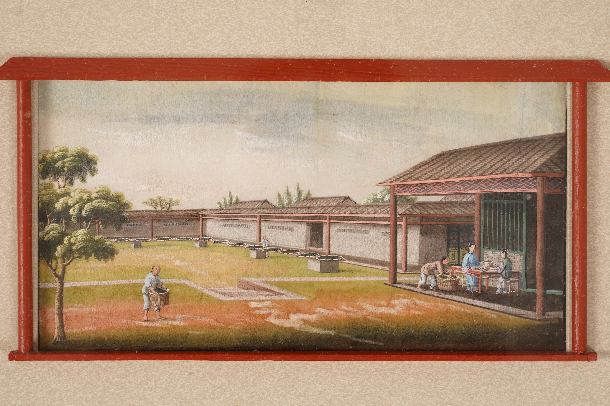 Circle of Youqua , Chinese (Mid 19th century), Scenes of rice or tea production, Six watercolours on pith paper, Image 12cm x 22.5cm